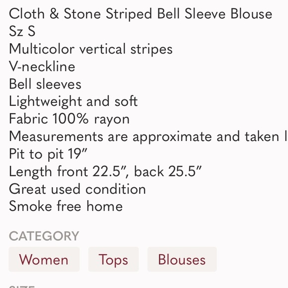 Cloth & Stone Striped Bell Sleeve Blouse Sz S - Picture 12 of 12